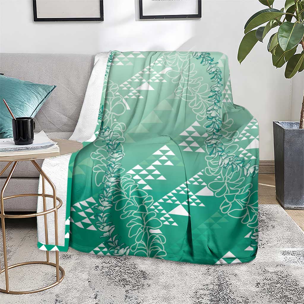Hawaii Jade Green Kapa Blanket Vintage 'Ohe Kāpala Motifs Mix Plumeria Leis