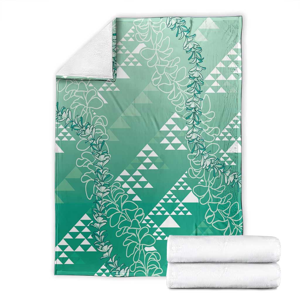 Hawaii Jade Green Kapa Blanket Vintage 'Ohe Kāpala Motifs Mix Plumeria Leis