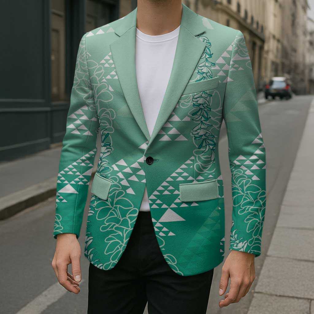 Hawaii Jade Green Kapa Blazer Vintage 'Ohe Kāpala Motifs Mix Plumeria Leis LT7 - Polynesian Pride
