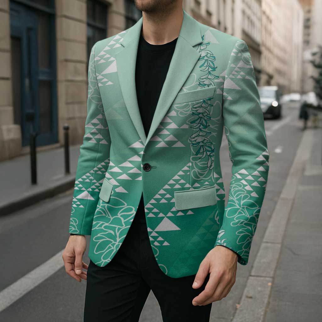 Hawaii Jade Green Kapa Blazer Vintage 'Ohe Kāpala Motifs Mix Plumeria Leis LT7 - Polynesian Pride