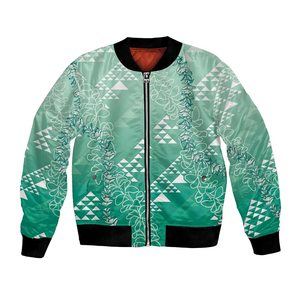 Hawaii Jade Green Kapa Bomber Jacket Vintage 'Ohe Kāpala Motifs Mix Plumeria Leis LT7 Unisex Jade Green - Polynesian Pride