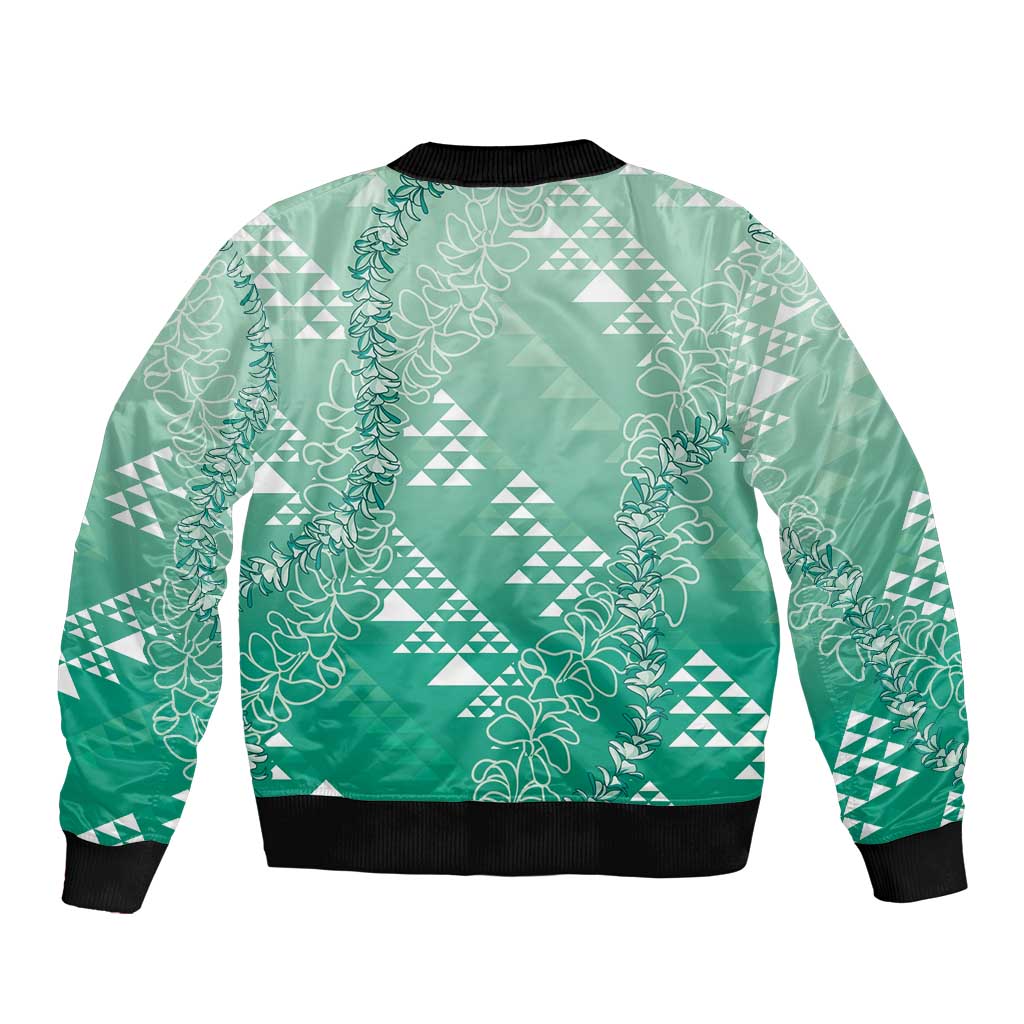 Hawaii Jade Green Kapa Bomber Jacket Vintage 'Ohe Kāpala Motifs Mix Plumeria Leis LT7 - Polynesian Pride