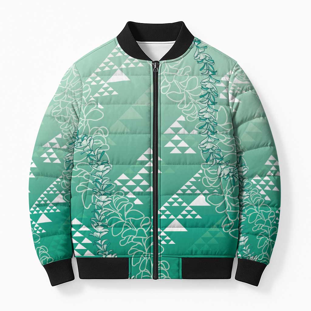 Hawaii Jade Green Kapa Bomber Puffer Jacket Vintage 'Ohe Kāpala Motifs Mix Plumeria Leis LT7 Unisex Jade Green - Polynesian Pride