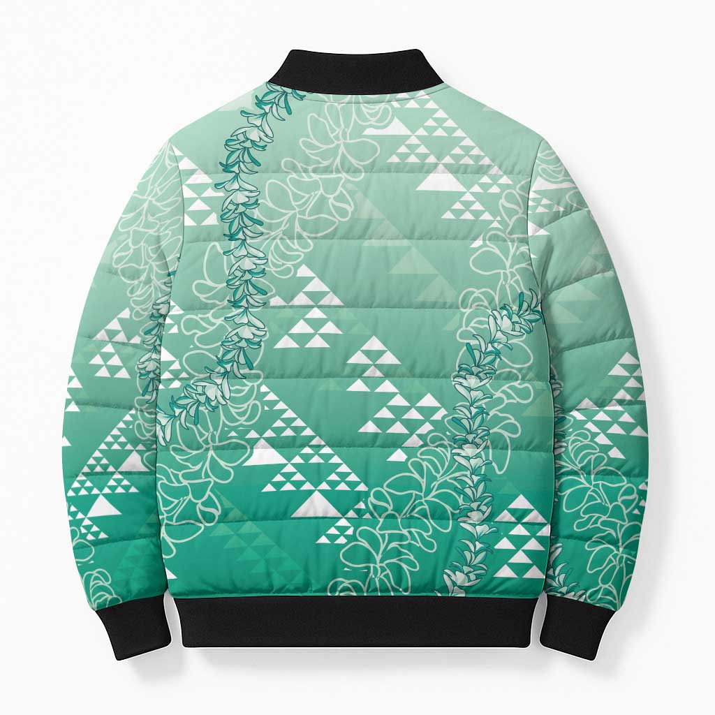 Hawaii Jade Green Kapa Bomber Puffer Jacket Vintage 'Ohe Kāpala Motifs Mix Plumeria Leis LT7 - Polynesian Pride