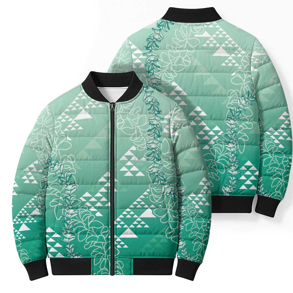 Hawaii Jade Green Kapa Bomber Puffer Jacket Vintage 'Ohe Kāpala Motifs Mix Plumeria Leis LT7 - Polynesian Pride