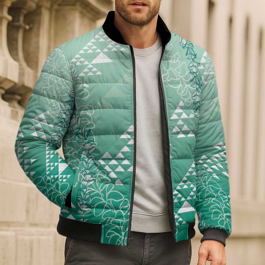 Hawaii Jade Green Kapa Bomber Puffer Jacket Vintage 'Ohe Kāpala Motifs Mix Plumeria Leis LT7 - Polynesian Pride