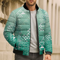 Hawaii Jade Green Kapa Bomber Puffer Jacket Vintage 'Ohe Kāpala Motifs Mix Plumeria Leis LT7 - Polynesian Pride