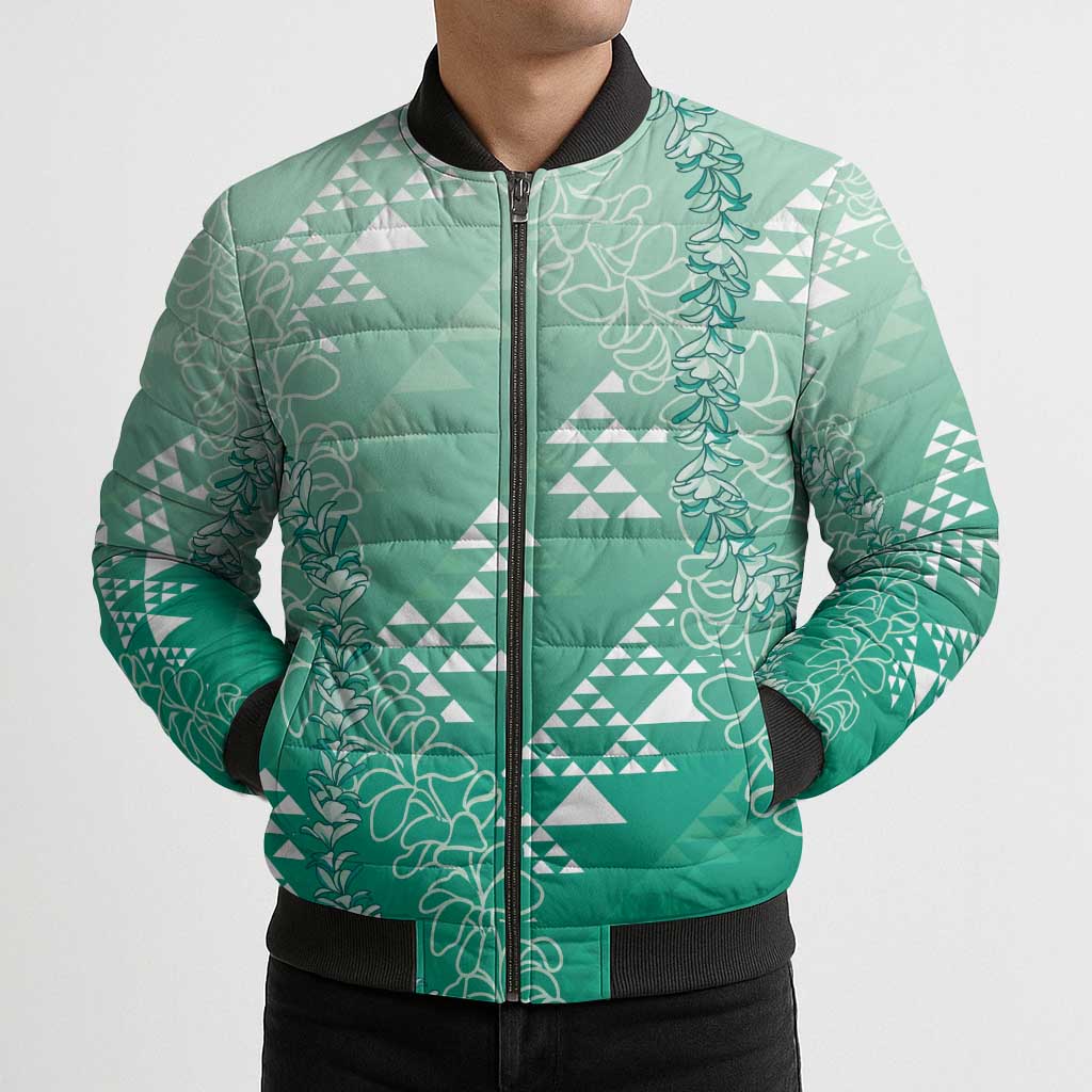 Hawaii Jade Green Kapa Bomber Puffer Jacket Vintage 'Ohe Kāpala Motifs Mix Plumeria Leis LT7 - Polynesian Pride