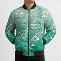 Hawaii Jade Green Kapa Bomber Puffer Jacket Vintage 'Ohe Kāpala Motifs Mix Plumeria Leis LT7 - Polynesian Pride
