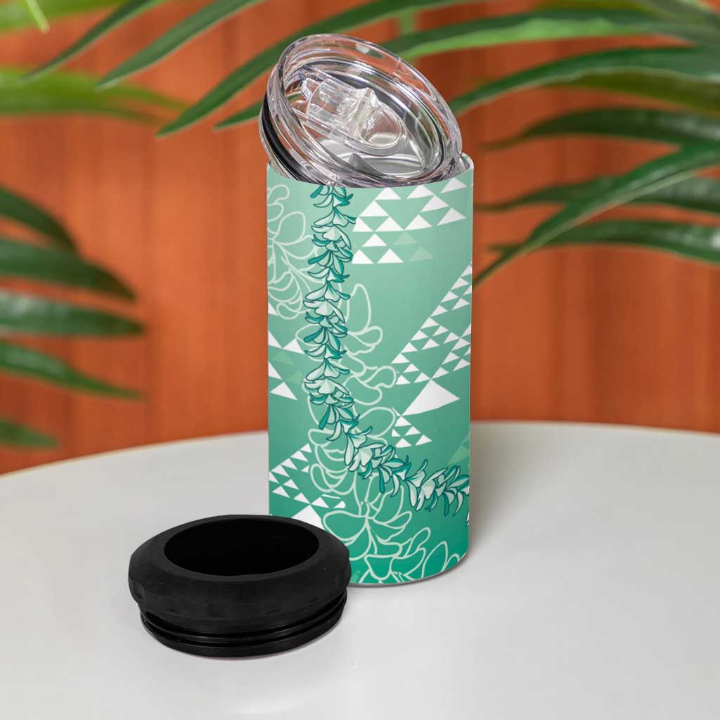 Hawaii Jade Green Kapa 4 in 1 Can Cooler Tumbler Vintage 'Ohe Kāpala Motifs Mix Plumeria Leis