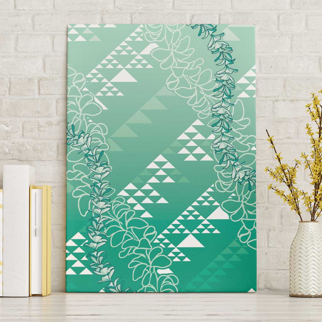 Hawaii Jade Green Kapa Canvas Wall Art Vintage 'Ohe Kāpala Motifs Mix Plumeria Leis