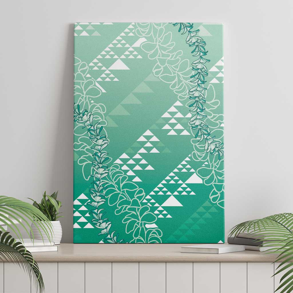 Hawaii Jade Green Kapa Canvas Wall Art Vintage 'Ohe Kāpala Motifs Mix Plumeria Leis