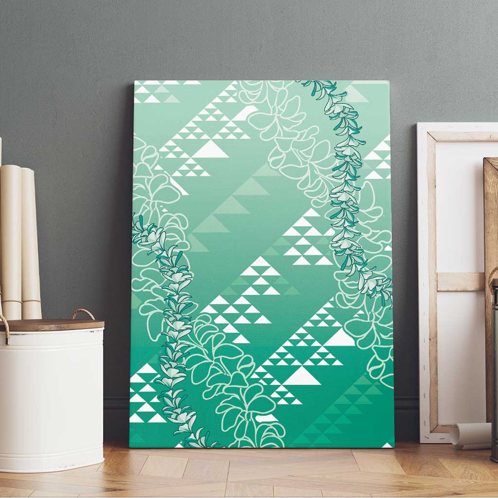 Hawaii Jade Green Kapa Canvas Wall Art Vintage 'Ohe Kāpala Motifs Mix Plumeria Leis