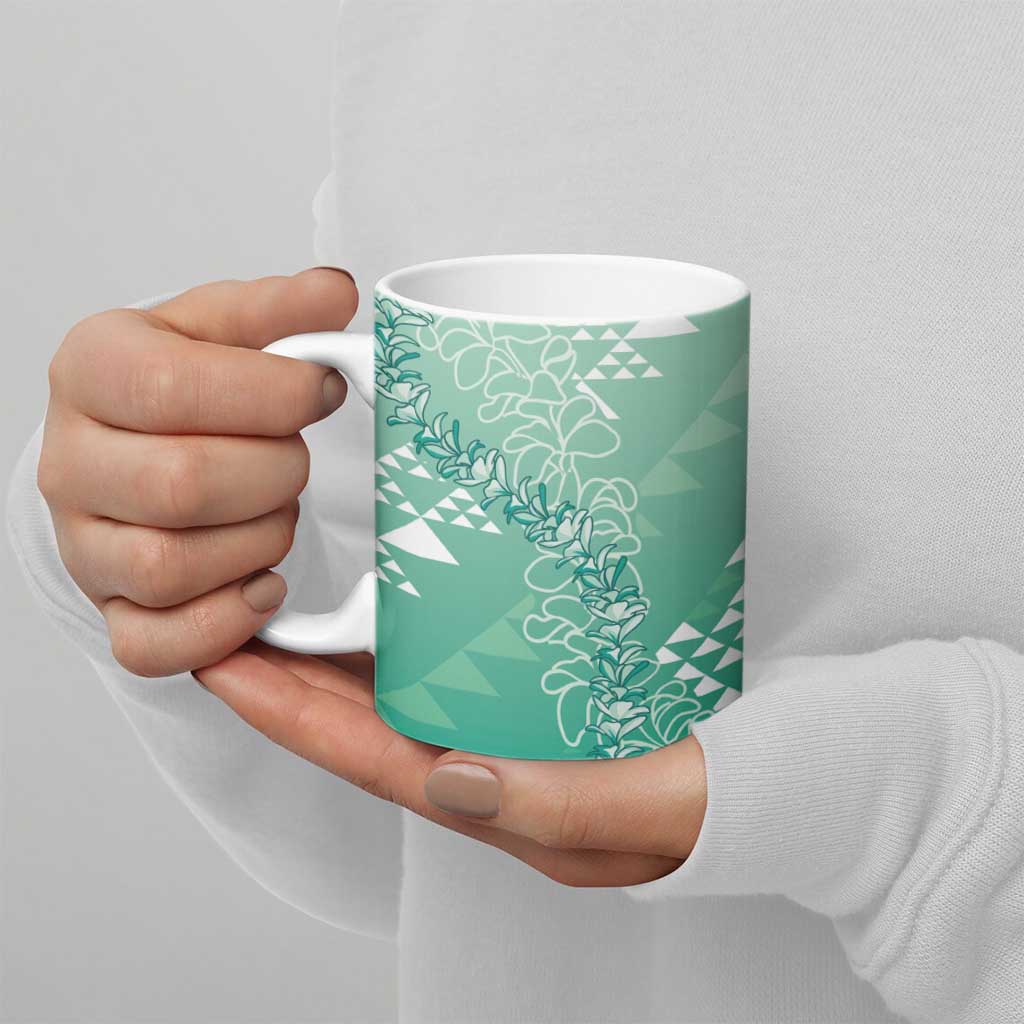 Hawaii Jade Green Kapa Ceramic Mug Vintage 'Ohe Kāpala Motifs Mix Plumeria Leis