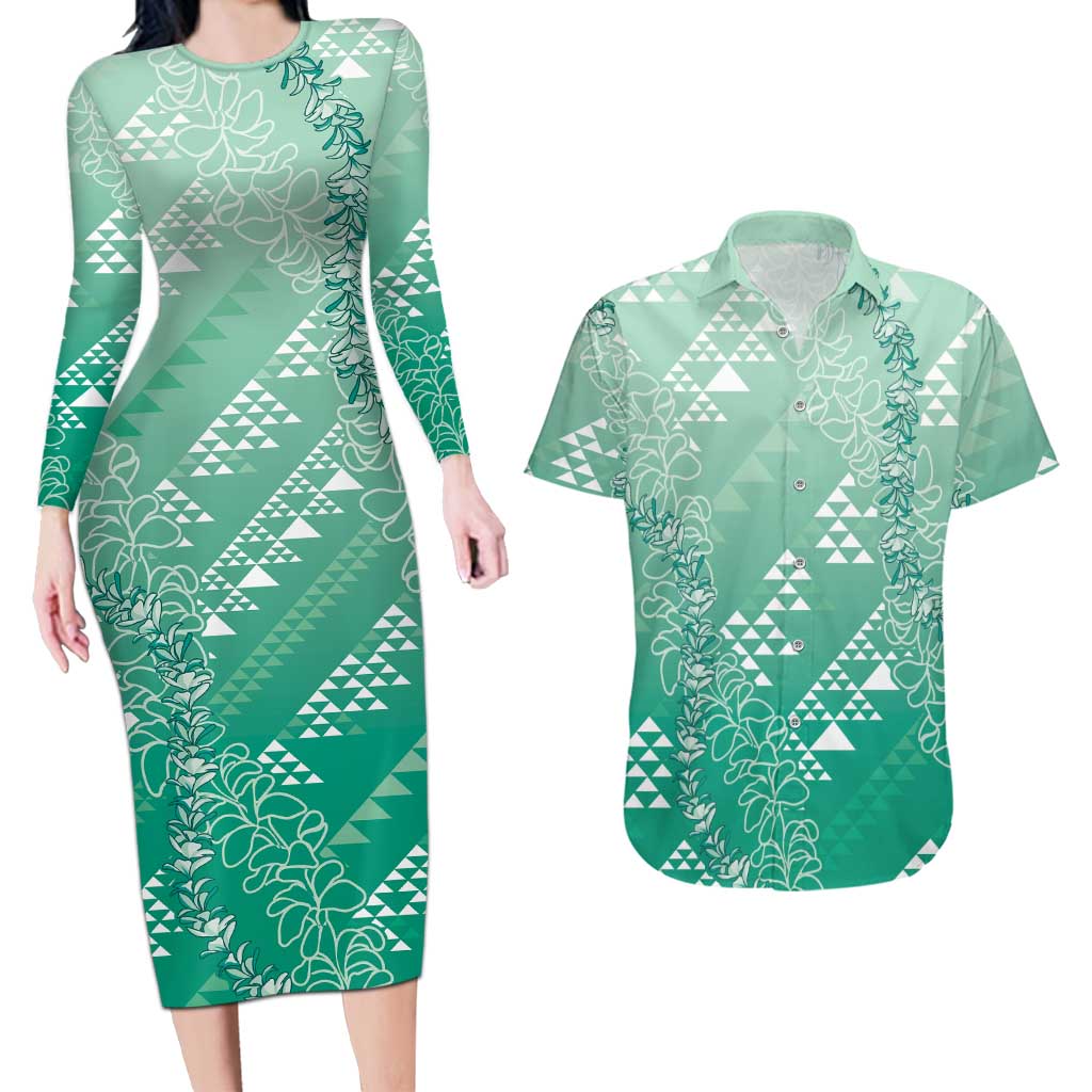 Hawaii Jade Green Kapa Couples Matching Long Sleeve Bodycon Dress and Hawaiian Shirt Vintage 'Ohe Kāpala Motifs Mix Plumeria Leis