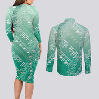 Hawaii Jade Green Kapa Couples Matching Long Sleeve Bodycon Dress and Long Sleeve Button Shirt Vintage 'Ohe Kāpala Motifs Mix Plumeria Leis