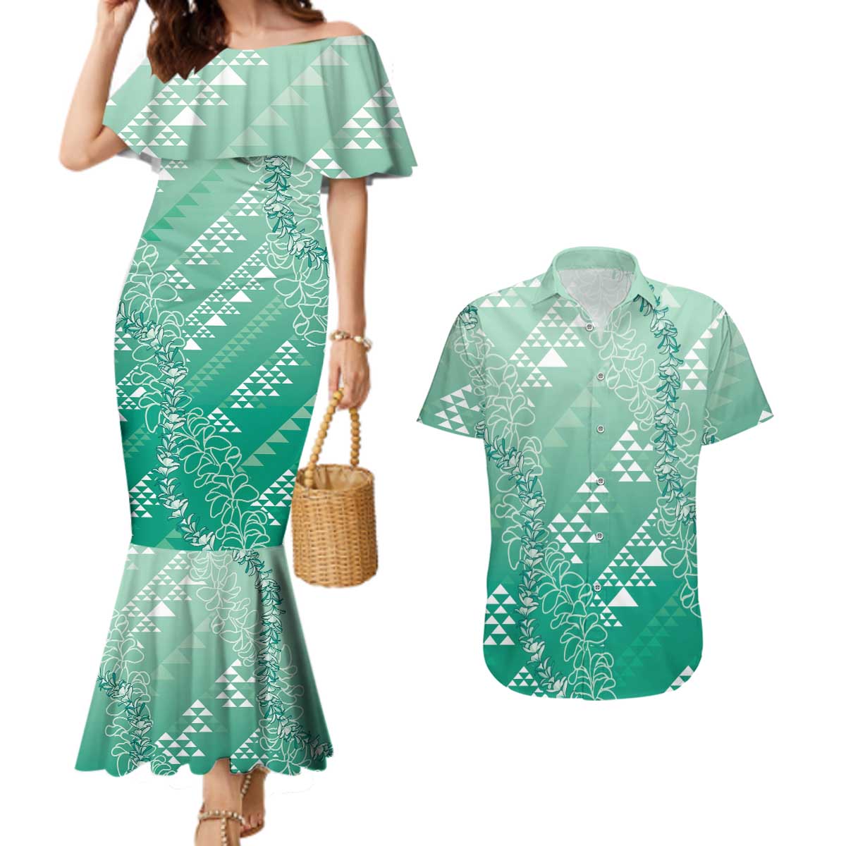 Hawaii Jade Green Kapa Couples Matching Mermaid Dress and Hawaiian Shirt Vintage 'Ohe Kāpala Motifs Mix Plumeria Leis