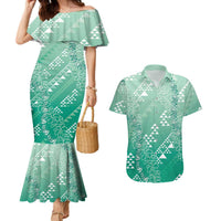 Hawaii Jade Green Kapa Couples Matching Mermaid Dress and Hawaiian Shirt Vintage 'Ohe Kāpala Motifs Mix Plumeria Leis