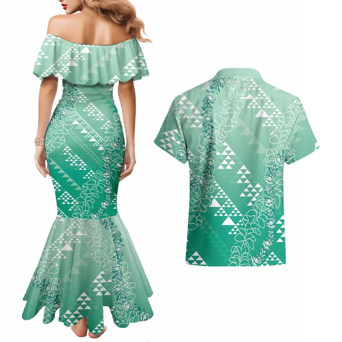 Hawaii Jade Green Kapa Couples Matching Mermaid Dress and Hawaiian Shirt Vintage 'Ohe Kāpala Motifs Mix Plumeria Leis