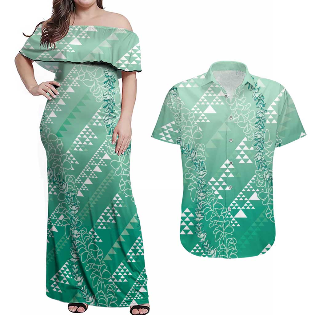 Hawaii Jade Green Kapa Couples Matching Off Shoulder Maxi Dress and Hawaiian Shirt Vintage 'Ohe Kāpala Motifs Mix Plumeria Leis