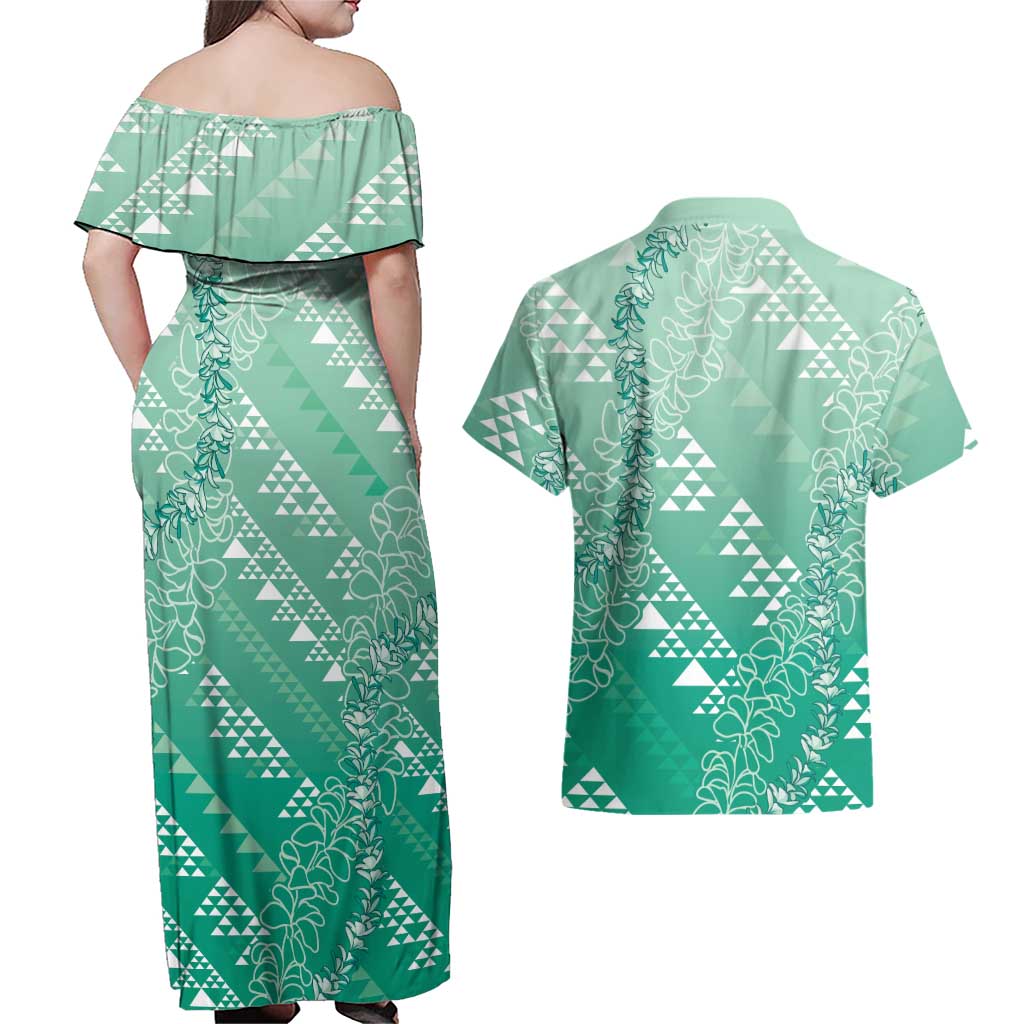 Hawaii Jade Green Kapa Couples Matching Off Shoulder Maxi Dress and Hawaiian Shirt Vintage 'Ohe Kāpala Motifs Mix Plumeria Leis