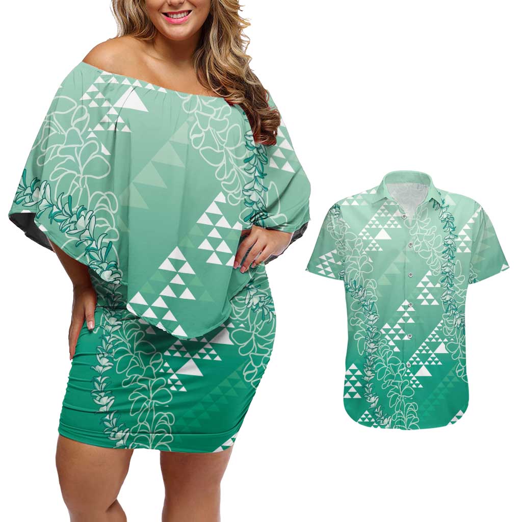 Hawaii Jade Green Kapa Couples Matching Off Shoulder Short Dress and Hawaiian Shirt Vintage 'Ohe Kāpala Motifs Mix Plumeria Leis