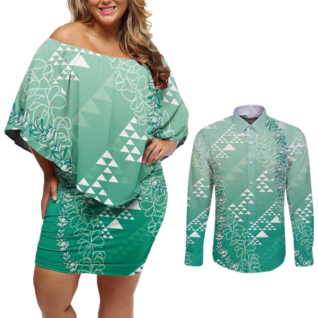 Hawaii Jade Green Kapa Couples Matching Off Shoulder Short Dress and Long Sleeve Button Shirt Vintage 'Ohe Kāpala Motifs Mix Plumeria Leis