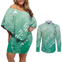 Hawaii Jade Green Kapa Couples Matching Off Shoulder Short Dress and Long Sleeve Button Shirt Vintage 'Ohe Kāpala Motifs Mix Plumeria Leis
