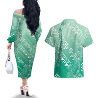 Hawaii Jade Green Kapa Couples Matching Off The Shoulder Long Sleeve Dress and Hawaiian Shirt Vintage 'Ohe Kāpala Motifs Mix Plumeria Leis
