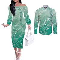 Hawaii Jade Green Kapa Couples Matching Off The Shoulder Long Sleeve Dress and Long Sleeve Button Shirt Vintage 'Ohe Kāpala Motifs Mix Plumeria Leis