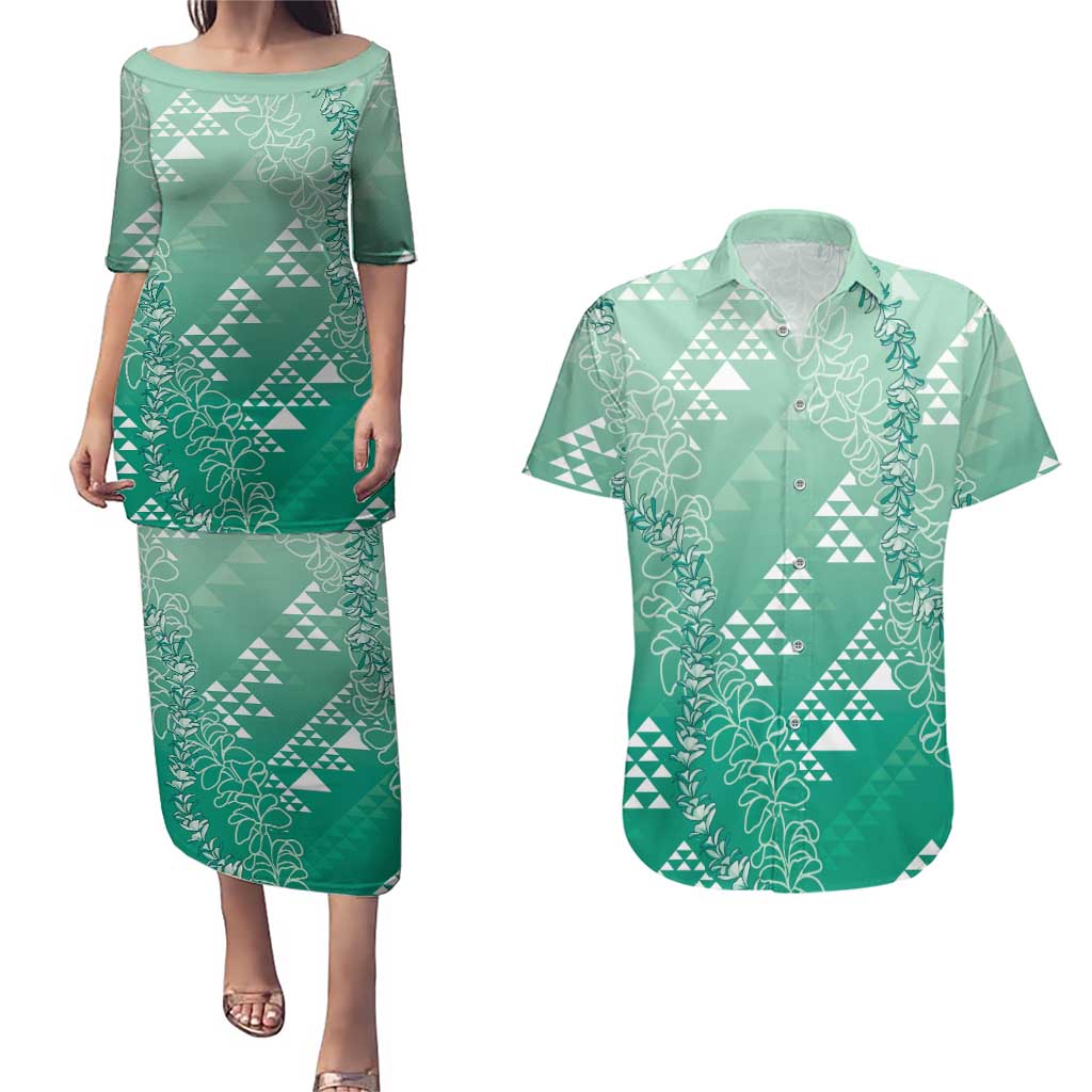 Hawaii Jade Green Kapa Couples Matching Puletasi and Hawaiian Shirt Vintage 'Ohe Kāpala Motifs Mix Plumeria Leis