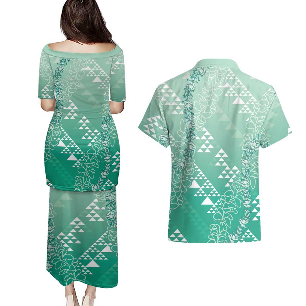 Hawaii Jade Green Kapa Couples Matching Puletasi and Hawaiian Shirt Vintage 'Ohe Kāpala Motifs Mix Plumeria Leis