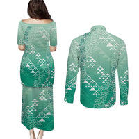 Hawaii Jade Green Kapa Couples Matching Puletasi and Long Sleeve Button Shirt Vintage 'Ohe Kāpala Motifs Mix Plumeria Leis