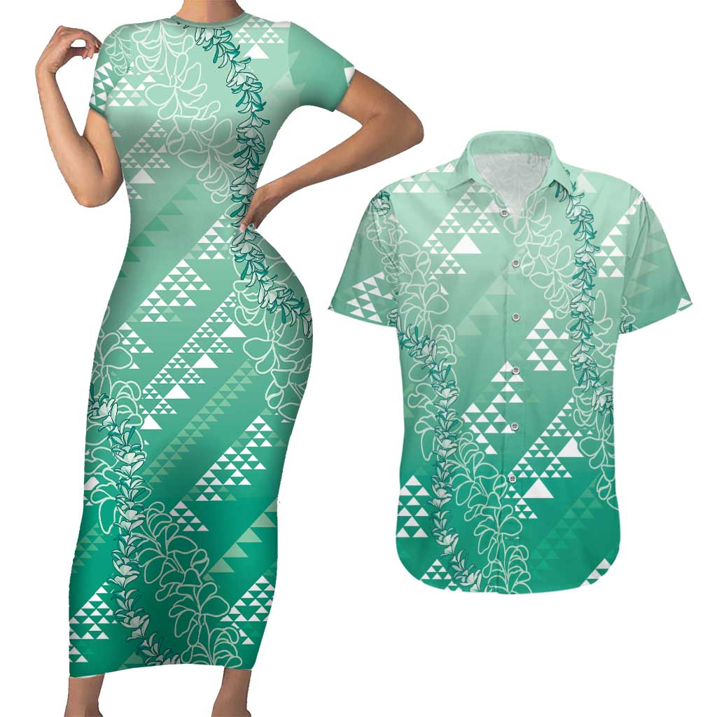 Hawaii Jade Green Kapa Couples Matching Short Sleeve Bodycon Dress and Hawaiian Shirt Vintage 'Ohe Kāpala Motifs Mix Plumeria Leis LT7 Jade Green - Polynesian Pride