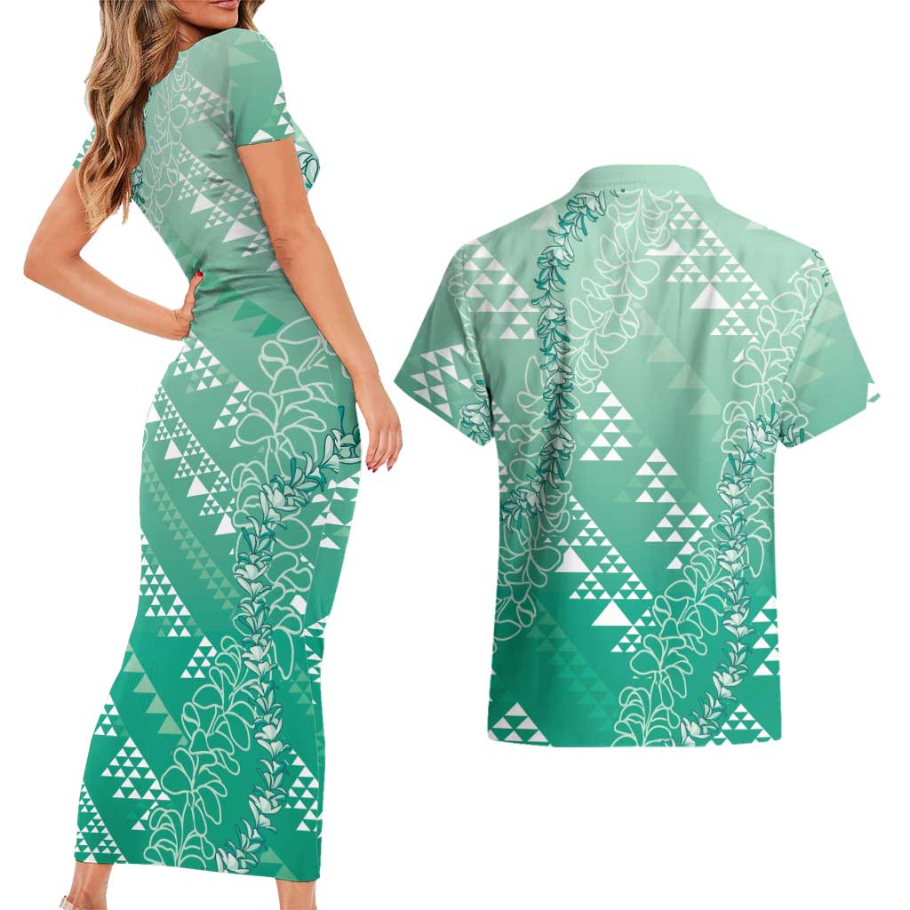 Hawaii Jade Green Kapa Couples Matching Short Sleeve Bodycon Dress and Hawaiian Shirt Vintage 'Ohe Kāpala Motifs Mix Plumeria Leis LT7 - Polynesian Pride