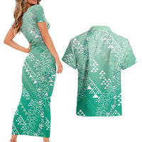 Hawaii Jade Green Kapa Couples Matching Short Sleeve Bodycon Dress and Hawaiian Shirt Vintage 'Ohe Kāpala Motifs Mix Plumeria Leis LT7 - Polynesian Pride