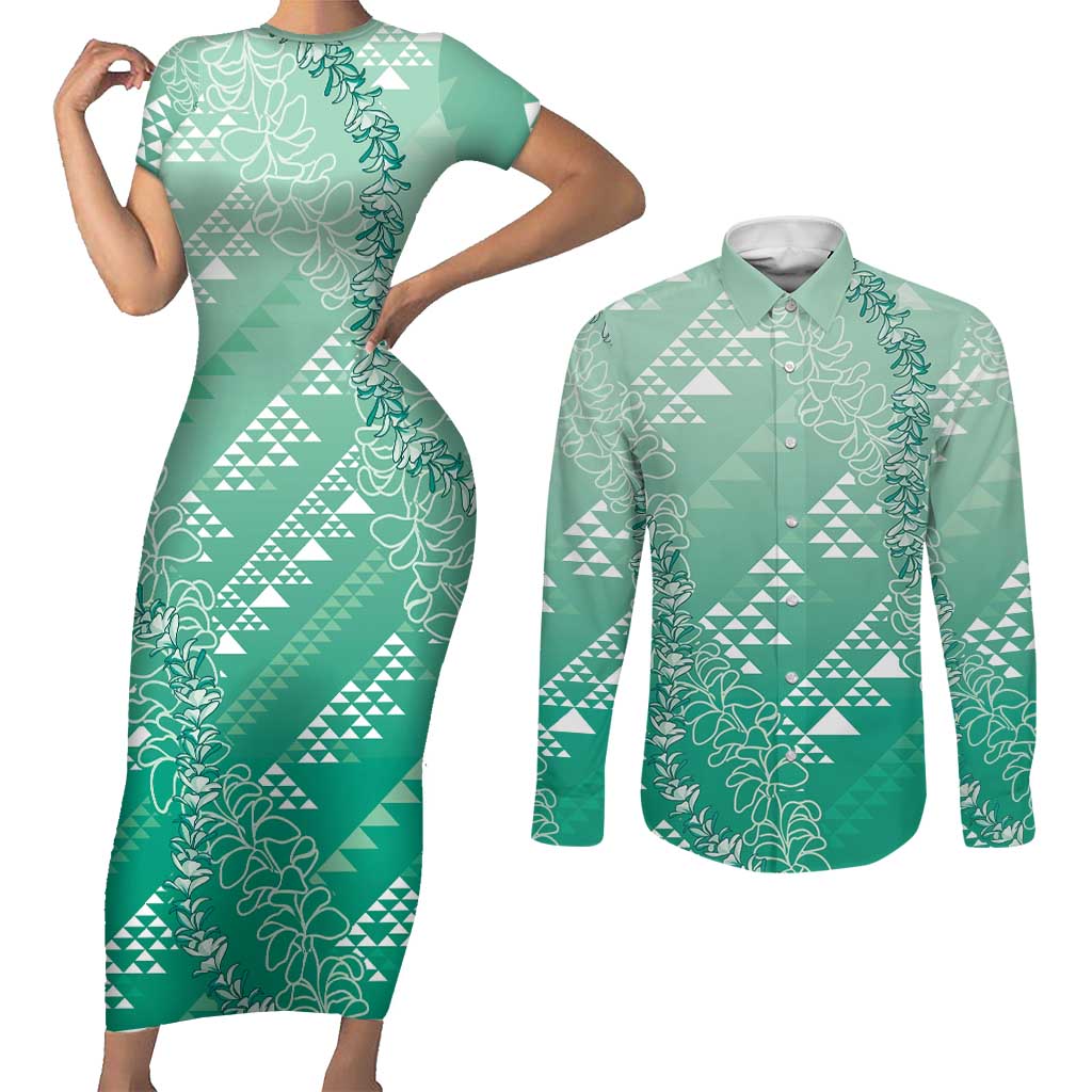 Hawaii Jade Green Kapa Couples Matching Short Sleeve Bodycon Dress and Long Sleeve Button Shirt Vintage 'Ohe Kāpala Motifs Mix Plumeria Leis