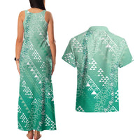 Hawaii Jade Green Kapa Couples Matching Tank Maxi Dress and Hawaiian Shirt Vintage 'Ohe Kāpala Motifs Mix Plumeria Leis