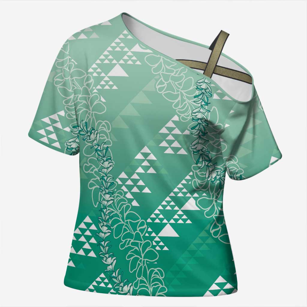 Hawaii Jade Green Kapa Cross Shoulder Shirt Vintage 'Ohe Kāpala Motifs Mix Plumeria Leis