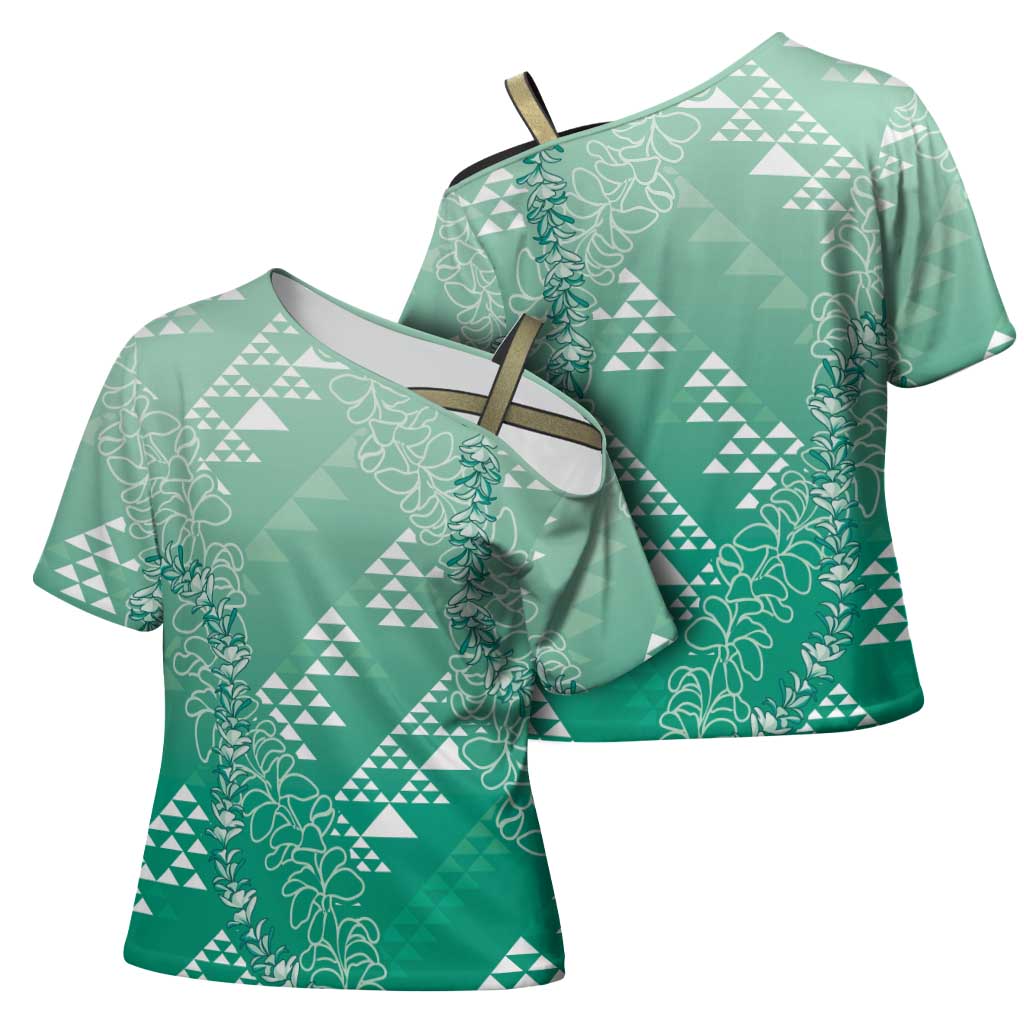 Hawaii Jade Green Kapa Cross Shoulder Shirt Vintage 'Ohe Kāpala Motifs Mix Plumeria Leis