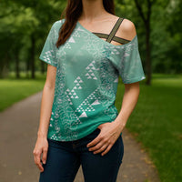 Hawaii Jade Green Kapa Cross Shoulder Shirt Vintage 'Ohe Kāpala Motifs Mix Plumeria Leis