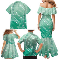 Hawaii Jade Green Kapa Family Matching Mermaid Dress and Hawaiian Shirt Vintage 'Ohe Kāpala Motifs Mix Plumeria Leis