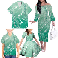Hawaii Jade Green Kapa Family Matching Off The Shoulder Long Sleeve Dress and Hawaiian Shirt Vintage 'Ohe Kāpala Motifs Mix Plumeria Leis