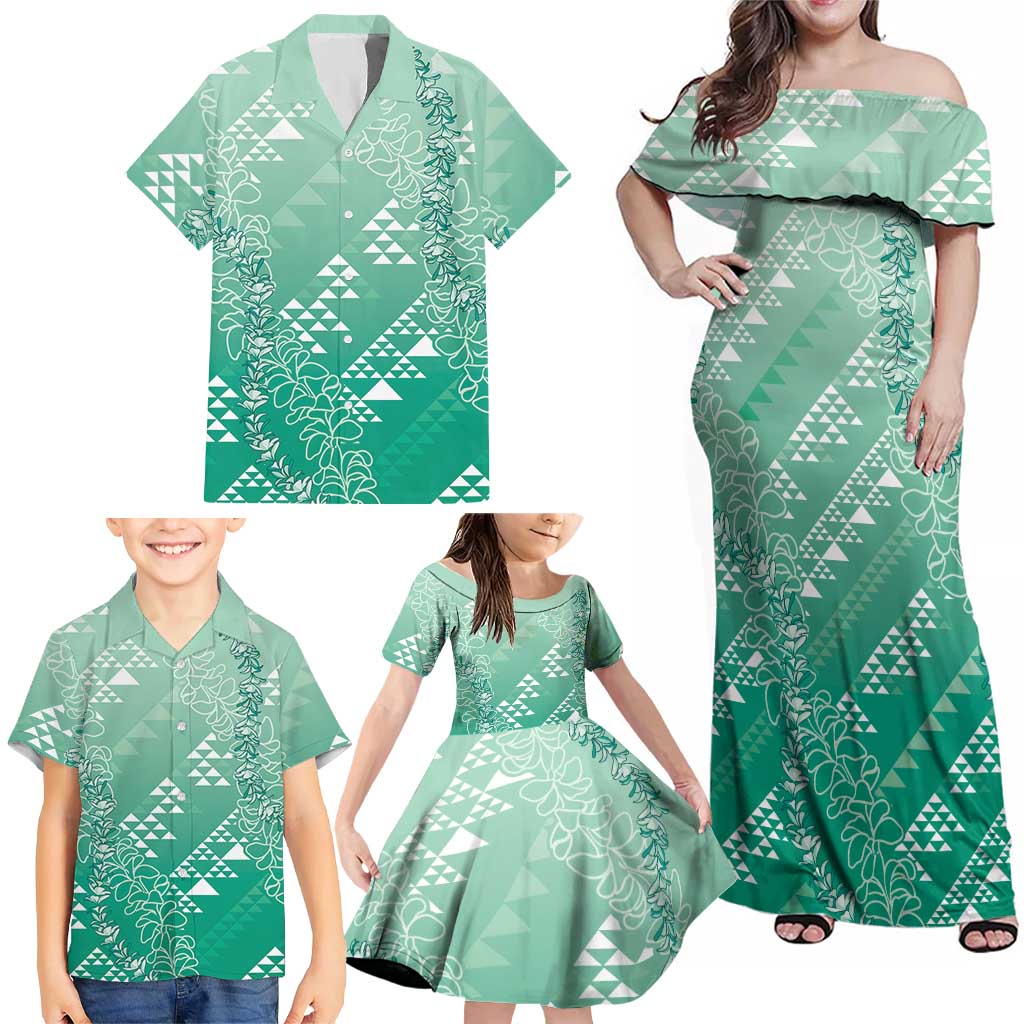 Hawaii Jade Green Kapa Family Matching Off Shoulder Maxi Dress and Hawaiian Shirt Vintage 'Ohe Kāpala Motifs Mix Plumeria Leis