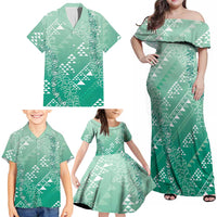 Hawaii Jade Green Kapa Family Matching Off Shoulder Maxi Dress and Hawaiian Shirt Vintage 'Ohe Kāpala Motifs Mix Plumeria Leis