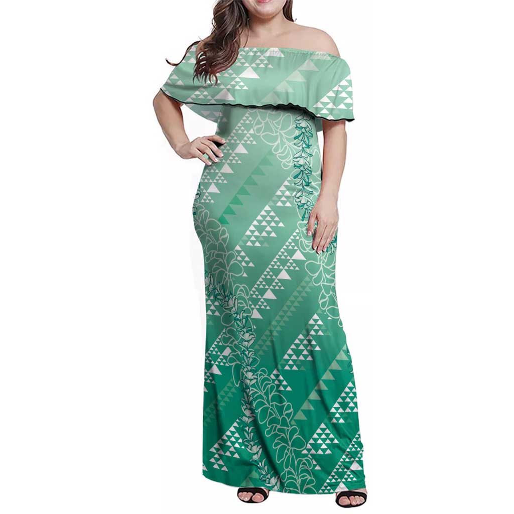Hawaii Jade Green Kapa Family Matching Off Shoulder Maxi Dress and Hawaiian Shirt Vintage 'Ohe Kāpala Motifs Mix Plumeria Leis