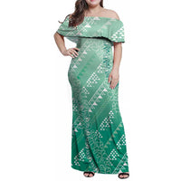 Hawaii Jade Green Kapa Family Matching Off Shoulder Maxi Dress and Hawaiian Shirt Vintage 'Ohe Kāpala Motifs Mix Plumeria Leis