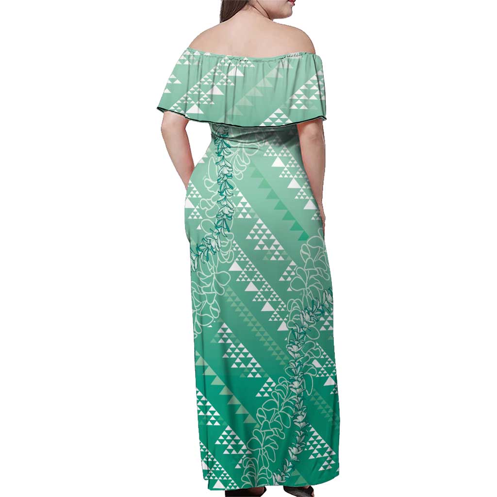 Hawaii Jade Green Kapa Family Matching Off Shoulder Maxi Dress and Hawaiian Shirt Vintage 'Ohe Kāpala Motifs Mix Plumeria Leis