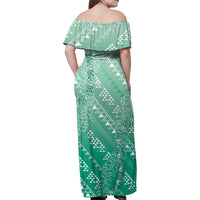 Hawaii Jade Green Kapa Family Matching Off Shoulder Maxi Dress and Hawaiian Shirt Vintage 'Ohe Kāpala Motifs Mix Plumeria Leis