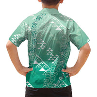 Hawaii Jade Green Kapa Family Matching Off Shoulder Short Dress and Hawaiian Shirt Vintage 'Ohe Kāpala Motifs Mix Plumeria Leis LT7 - Polynesian Pride